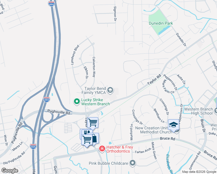 map of restaurants, bars, coffee shops, grocery stores, and more near 3529 Calverton Way in Chesapeake