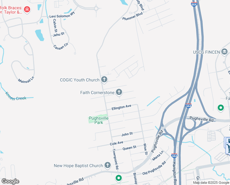 map of restaurants, bars, coffee shops, grocery stores, and more near 4424 Miles Avenue in Suffolk