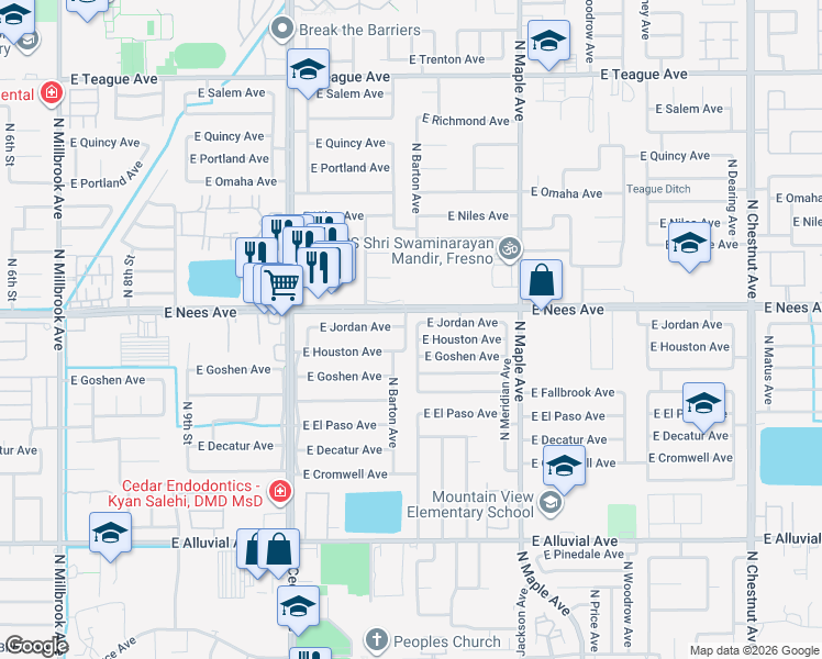 map of restaurants, bars, coffee shops, grocery stores, and more near 7931 North Mansionette Drive in Fresno