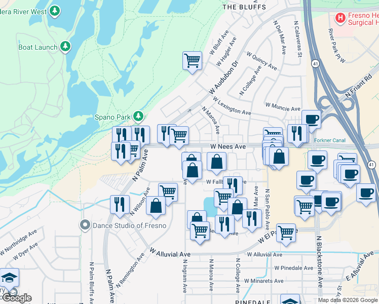 map of restaurants, bars, coffee shops, grocery stores, and more near 7798 North Ingram Avenue in Fresno