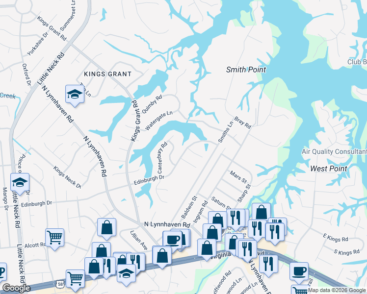 map of restaurants, bars, coffee shops, grocery stores, and more near 548 Canterbury Road in Virginia Beach
