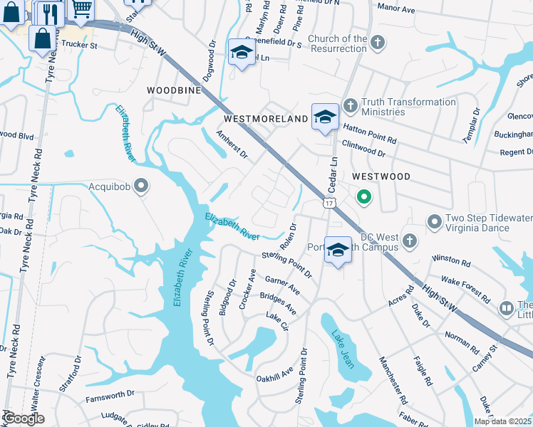 map of restaurants, bars, coffee shops, grocery stores, and more near 5026 Reese Drive North in Portsmouth