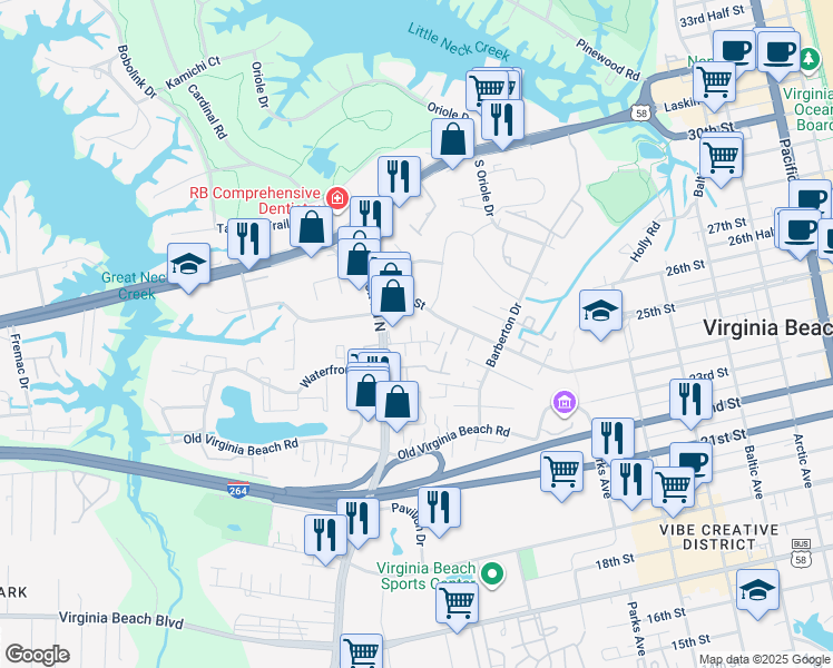map of restaurants, bars, coffee shops, grocery stores, and more near 512 Elmo Trower Lane in Virginia Beach
