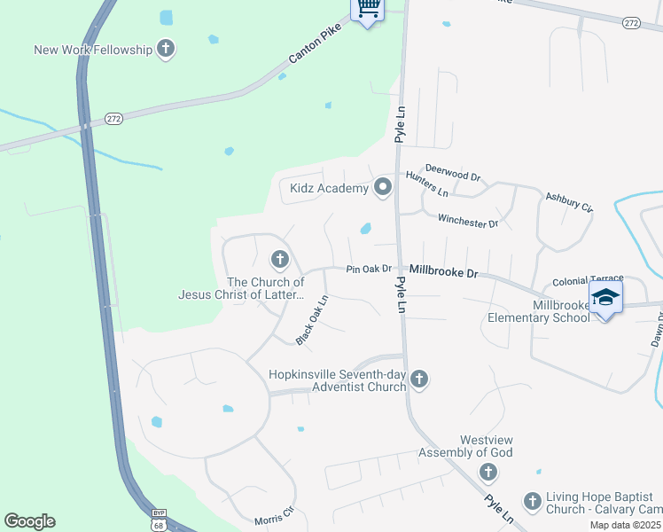 map of restaurants, bars, coffee shops, grocery stores, and more near 1098 Pin Oak Drive in Hopkinsville