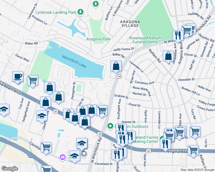map of restaurants, bars, coffee shops, grocery stores, and more near 463 North Witchduck Road in Virginia Beach