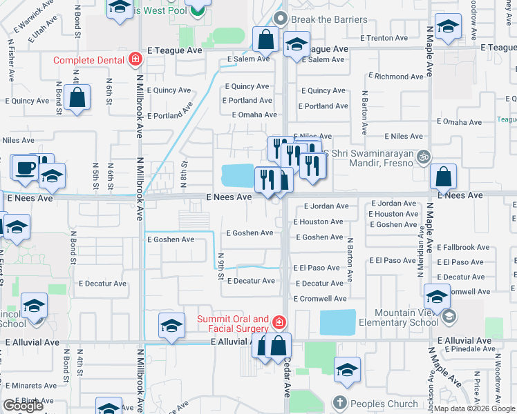 map of restaurants, bars, coffee shops, grocery stores, and more near 1425 East Nees Avenue in Fresno