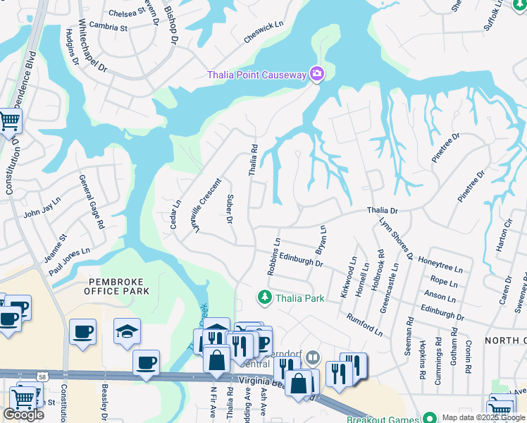 map of restaurants, bars, coffee shops, grocery stores, and more near 609 Dale Drive in Virginia Beach