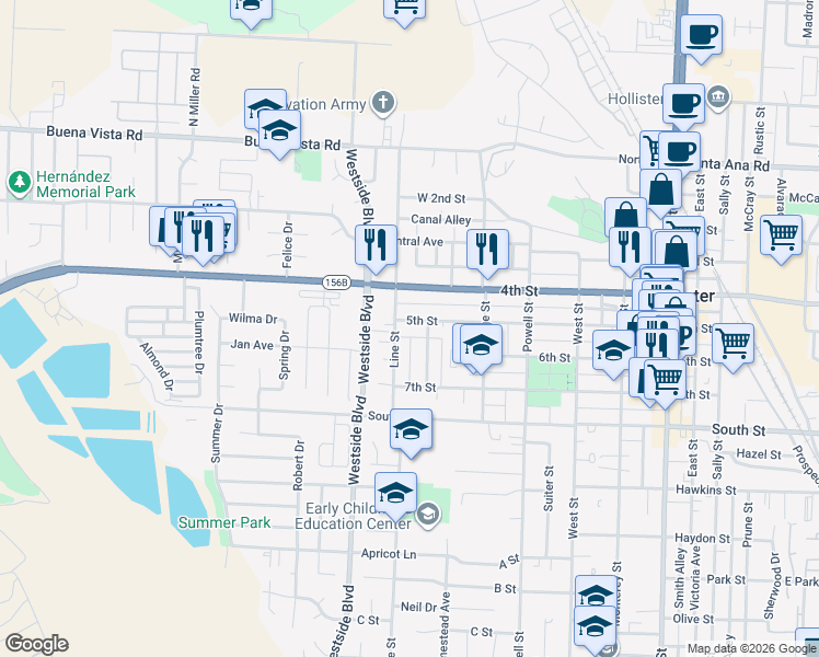 map of restaurants, bars, coffee shops, grocery stores, and more near 450 Line Street in Hollister