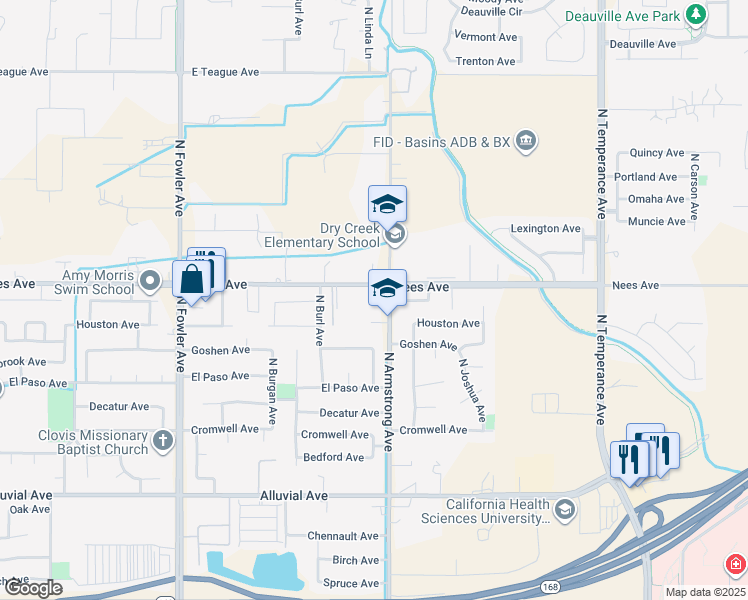 map of restaurants, bars, coffee shops, grocery stores, and more near 2116 Nees Avenue in Clovis