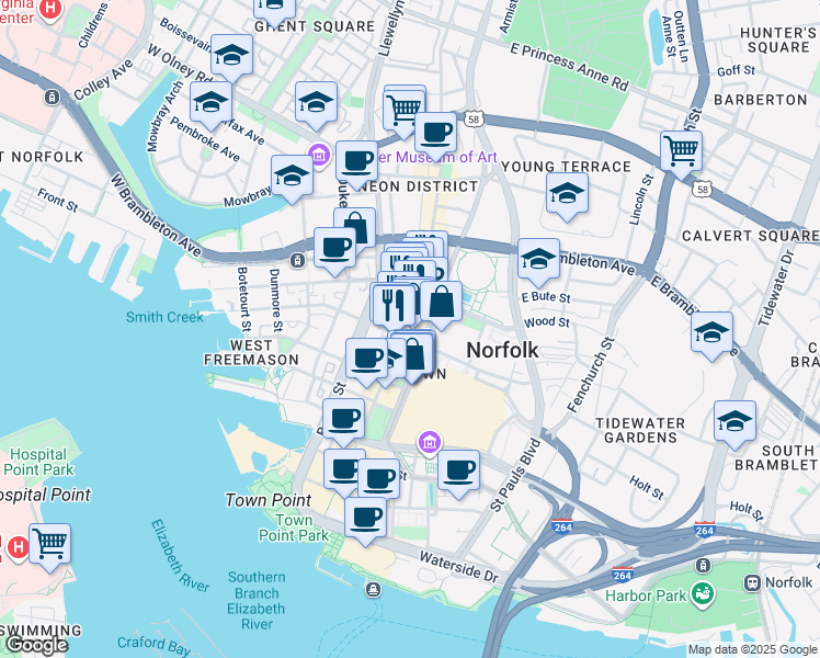 map of restaurants, bars, coffee shops, grocery stores, and more near 426 Granby Street in Norfolk