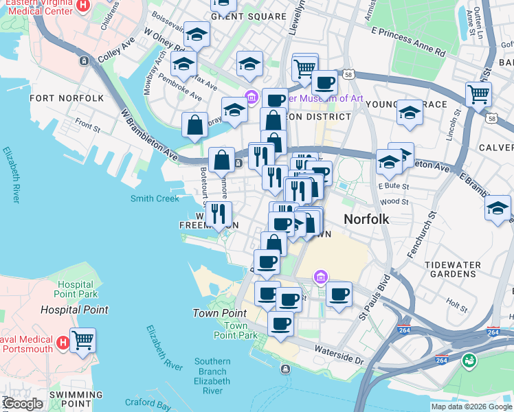 map of restaurants, bars, coffee shops, grocery stores, and more near 327 Duke Street in Norfolk