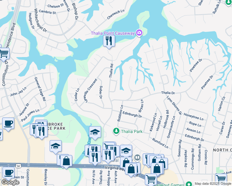 map of restaurants, bars, coffee shops, grocery stores, and more near 609 Dale Drive in Virginia Beach