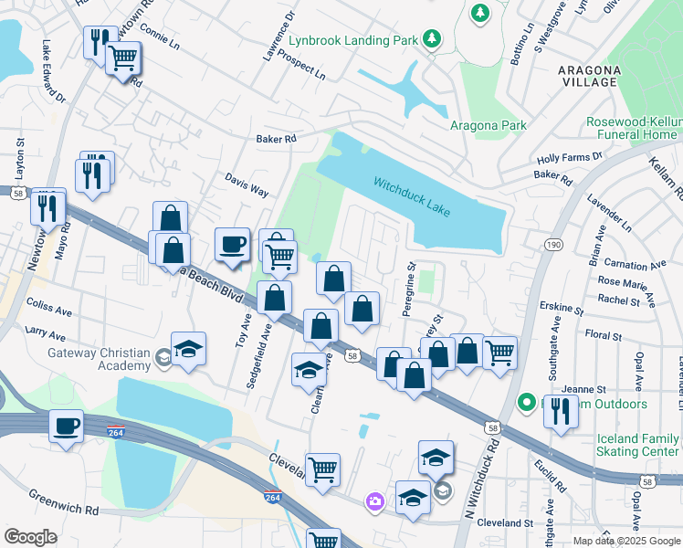 map of restaurants, bars, coffee shops, grocery stores, and more near 5339 Tuttle Creek Court in Virginia Beach