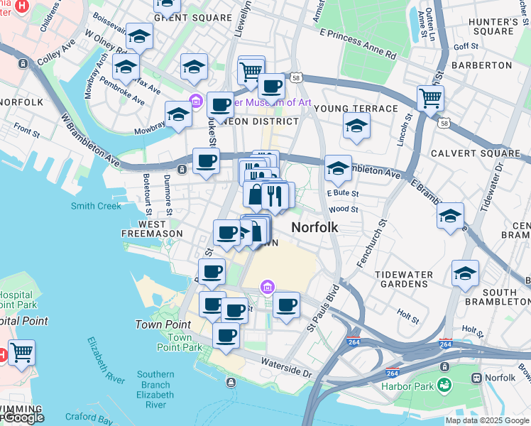 map of restaurants, bars, coffee shops, grocery stores, and more near 435 Monticello Avenue in Norfolk