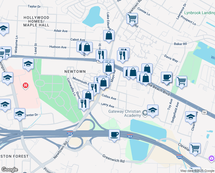 map of restaurants, bars, coffee shops, grocery stores, and more near 5624 Elam Avenue in Virginia Beach