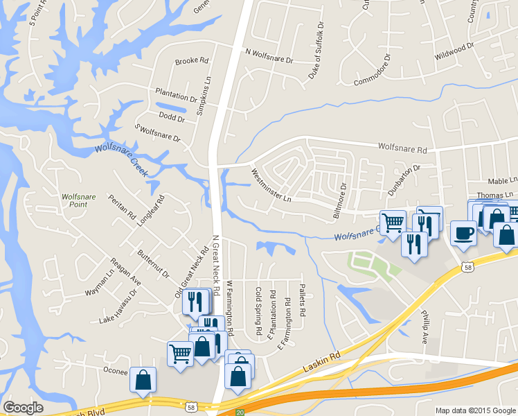 map of restaurants, bars, coffee shops, grocery stores, and more near 400 Sedgewick Court in Virginia Beach