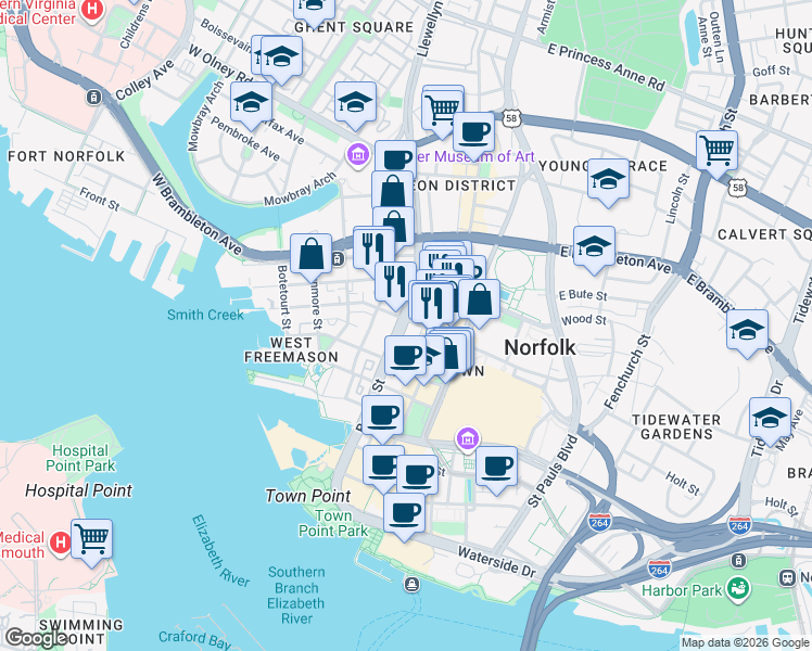 map of restaurants, bars, coffee shops, grocery stores, and more near 388 Boush Street in Norfolk