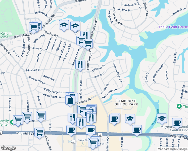 map of restaurants, bars, coffee shops, grocery stores, and more near 4460 John Jay Lane in Virginia Beach