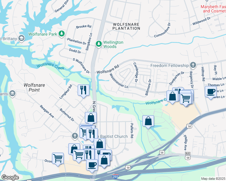 map of restaurants, bars, coffee shops, grocery stores, and more near 400 Sedgewick Court in Virginia Beach
