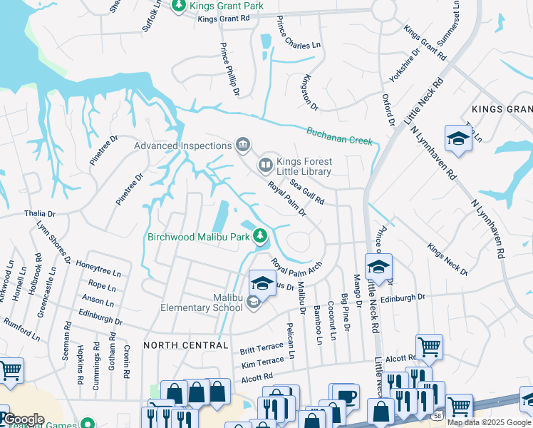 map of restaurants, bars, coffee shops, grocery stores, and more near 3537 Sandy Point Key in Virginia Beach