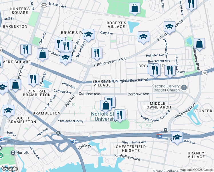 map of restaurants, bars, coffee shops, grocery stores, and more near 2412 Myrtle Avenue in Norfolk
