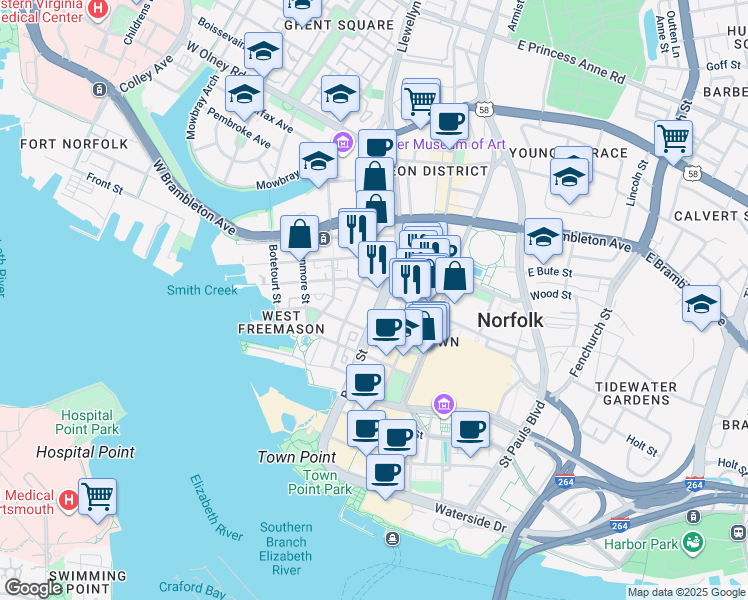 map of restaurants, bars, coffee shops, grocery stores, and more near 403 Boush Street in Norfolk
