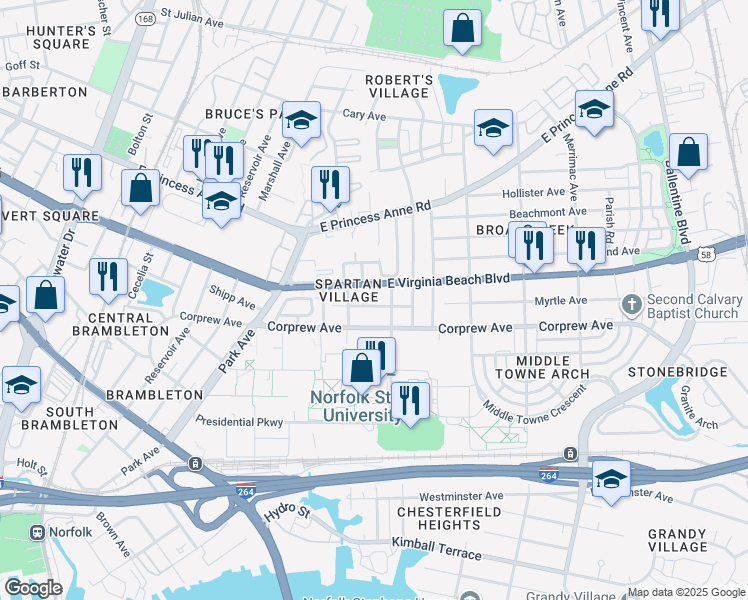 map of restaurants, bars, coffee shops, grocery stores, and more near 2423 East Virginia Beach Boulevard in Norfolk