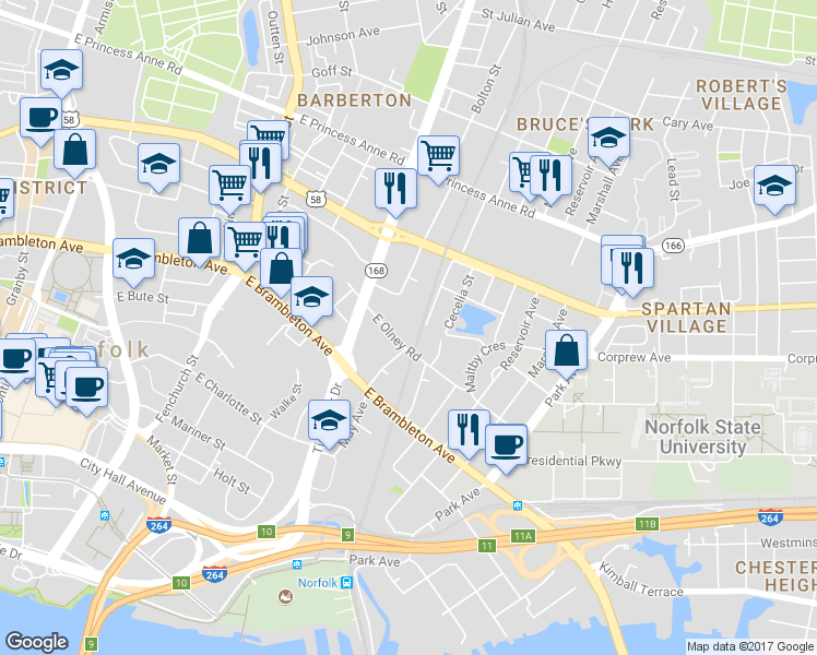 map of restaurants, bars, coffee shops, grocery stores, and more near 1150 East Olney Road in Norfolk