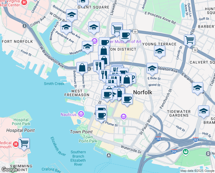 map of restaurants, bars, coffee shops, grocery stores, and more near 388 Boush Street in Norfolk