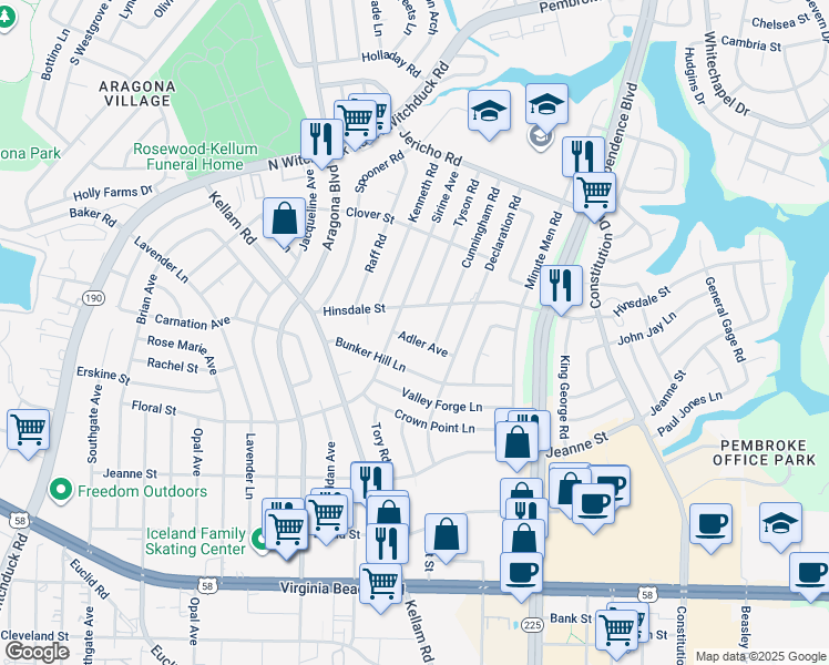 map of restaurants, bars, coffee shops, grocery stores, and more near 4720 Adler Avenue in Virginia Beach