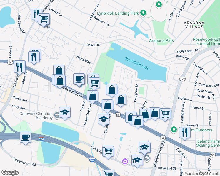 map of restaurants, bars, coffee shops, grocery stores, and more near 5344 Tuttle Creek Court in Virginia Beach