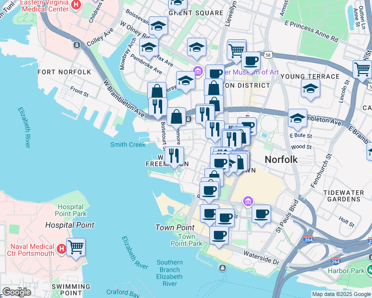 map of restaurants, bars, coffee shops, grocery stores, and more near 311 West Freemason Street in Norfolk
