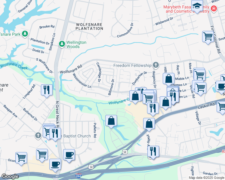 map of restaurants, bars, coffee shops, grocery stores, and more near 707 Tilden Place in Virginia Beach