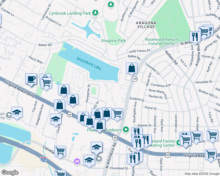 map of restaurants, bars, coffee shops, grocery stores, and more near 512 Featherstone Court in Virginia Beach