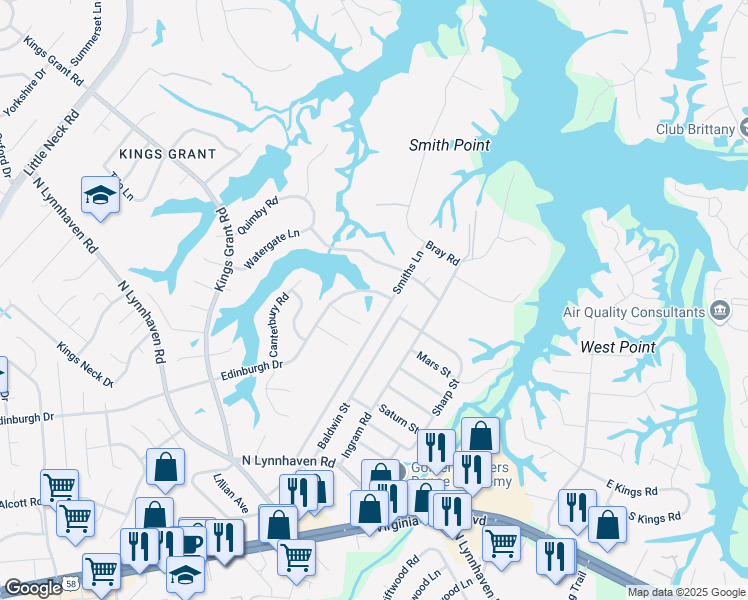 map of restaurants, bars, coffee shops, grocery stores, and more near 3018 Edinburgh Drive in Virginia Beach