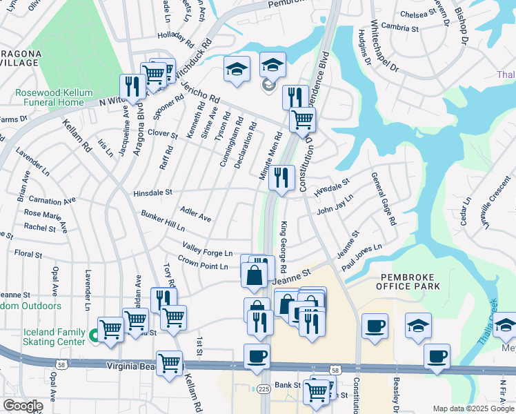 map of restaurants, bars, coffee shops, grocery stores, and more near 537 Independence Boulevard in Virginia Beach