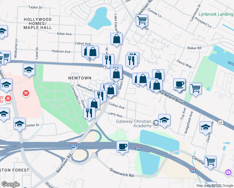 map of restaurants, bars, coffee shops, grocery stores, and more near 263 Mayo Road in Virginia Beach