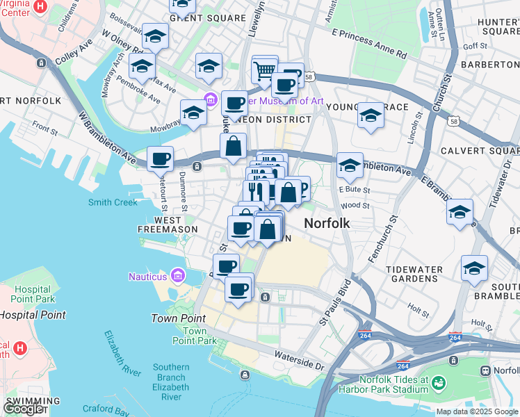 map of restaurants, bars, coffee shops, grocery stores, and more near 421 Granby Street in Norfolk