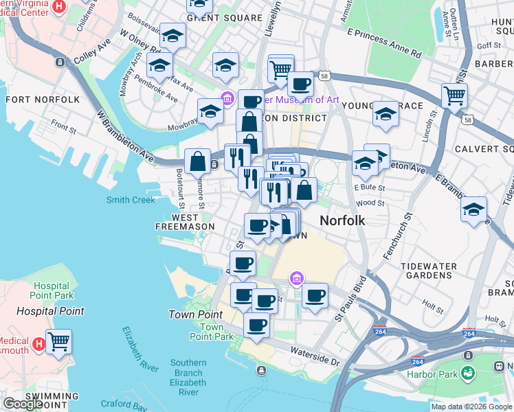map of restaurants, bars, coffee shops, grocery stores, and more near 403 Boush Street in Norfolk