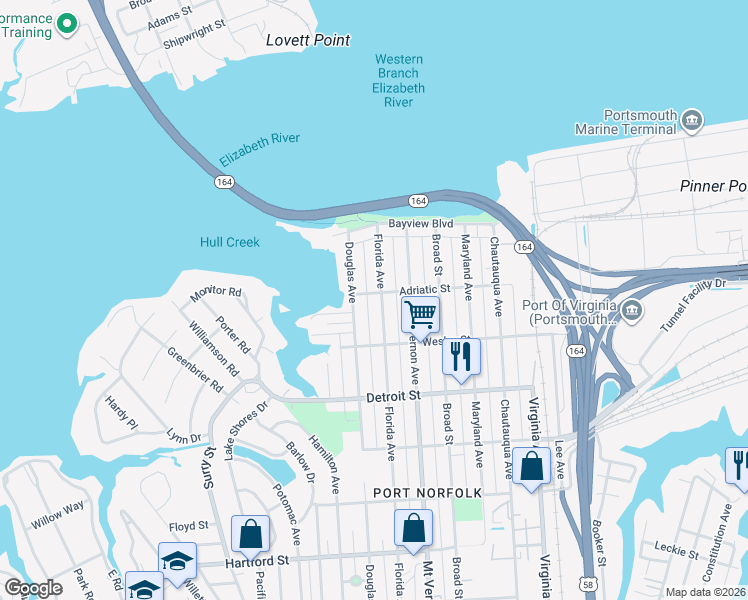 map of restaurants, bars, coffee shops, grocery stores, and more near 153 Florida Avenue in Portsmouth