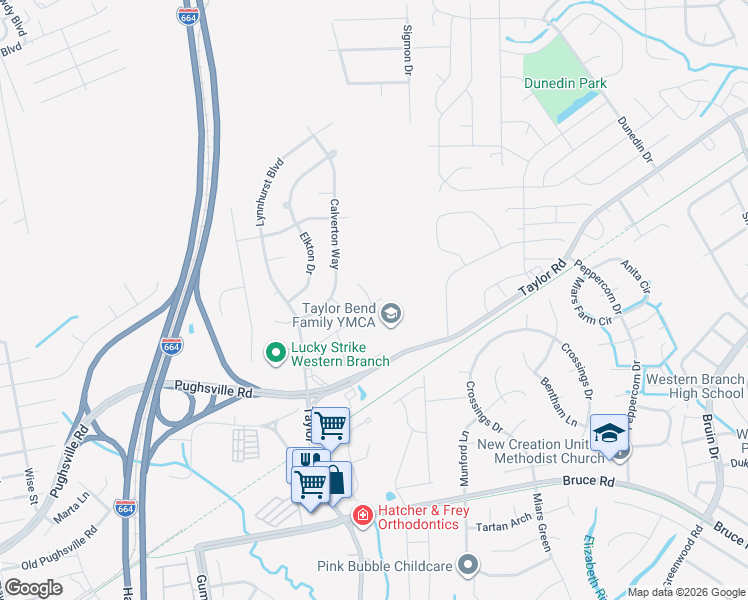 map of restaurants, bars, coffee shops, grocery stores, and more near 3529 Calverton Way in Chesapeake