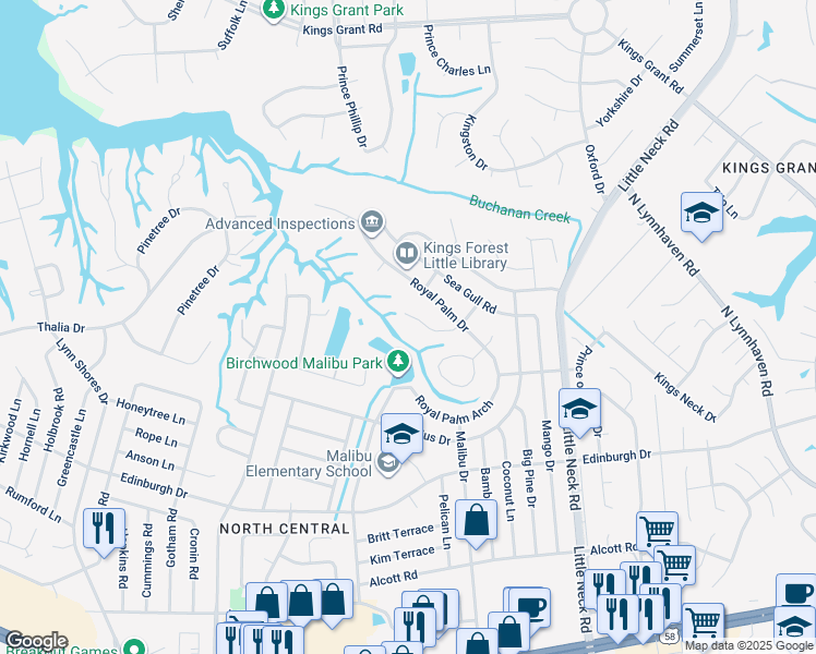 map of restaurants, bars, coffee shops, grocery stores, and more near 3537 Sandy Point Key in Virginia Beach