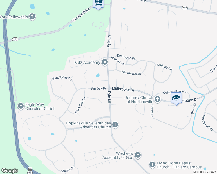map of restaurants, bars, coffee shops, grocery stores, and more near 1001-1099 Mill Run Court in Hopkinsville