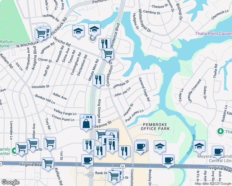 map of restaurants, bars, coffee shops, grocery stores, and more near 4458 John Jay Lane in Virginia Beach