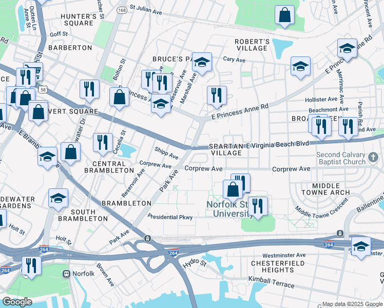 map of restaurants, bars, coffee shops, grocery stores, and more near 931 Madison Avenue in Norfolk