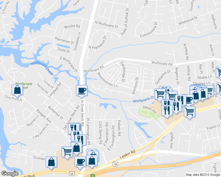 map of restaurants, bars, coffee shops, grocery stores, and more near 513 Biltmore Drive in Virginia Beach