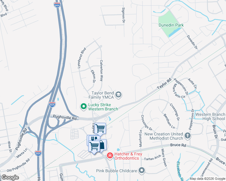 map of restaurants, bars, coffee shops, grocery stores, and more near 3529 Calverton Way in Chesapeake