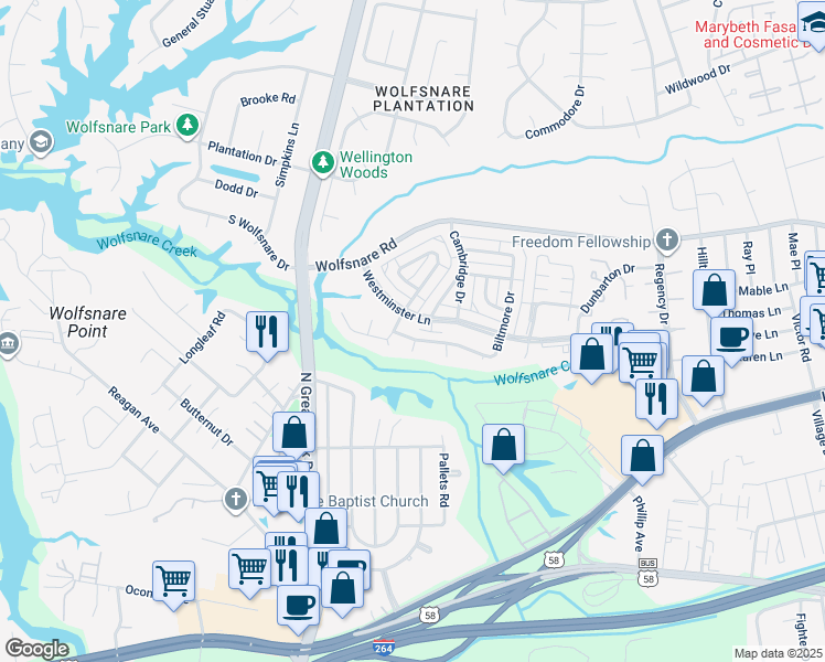 map of restaurants, bars, coffee shops, grocery stores, and more near 513 Biltmore Drive in Virginia Beach