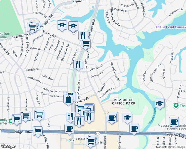 map of restaurants, bars, coffee shops, grocery stores, and more near 509 Jonathan Court in Virginia Beach