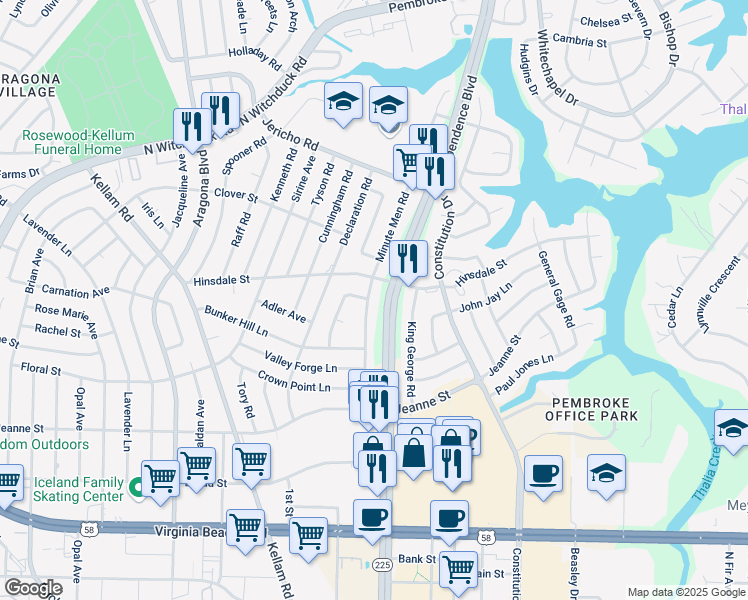 map of restaurants, bars, coffee shops, grocery stores, and more near 537 Independence Boulevard in Virginia Beach